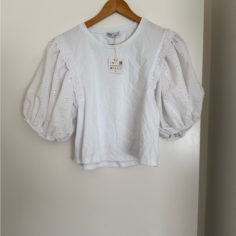 Zara White Eyelet Puff Sleeve Top M